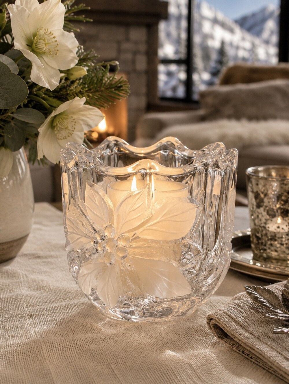 Mikasa Festive Poinsettia Crystal Votive Candle Holder NIB